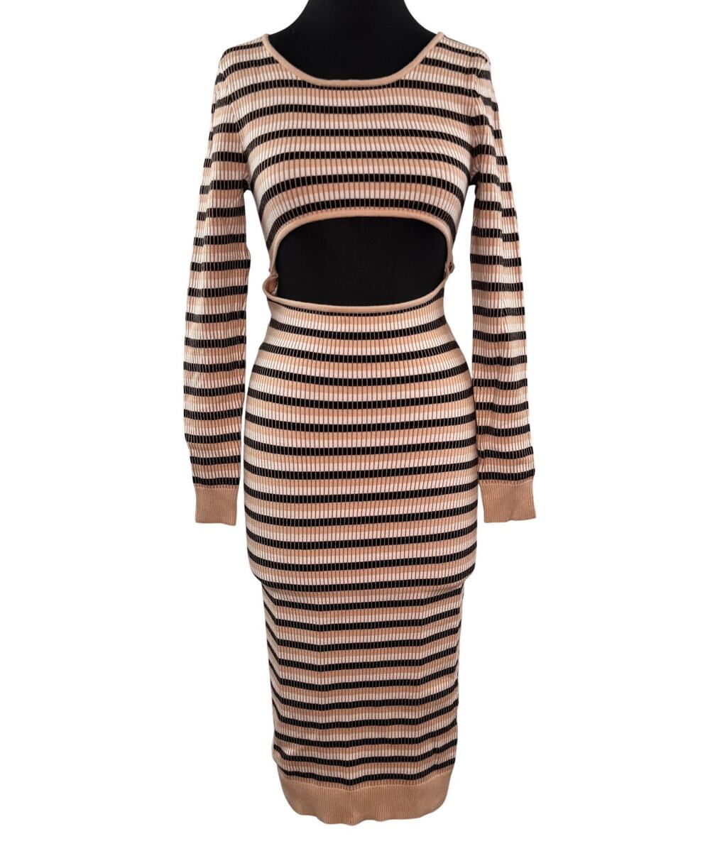4th & Reckless Beige Black White Midi Dress Striped Liberty Knit Party Medium M